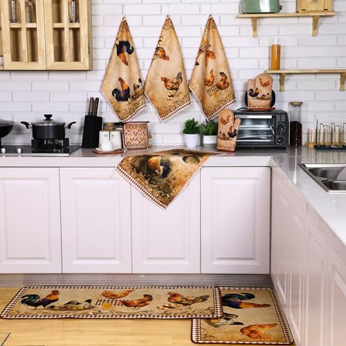 10-Piece Rustic Rooster Kitchen Decor Set: Towels, Rugs, Mitts & Holders