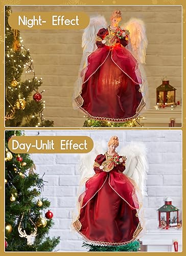 Brightown Lighted Christmas Angel Tree Topper with Violin - Red Variant, 16 Inch Holiday Decor