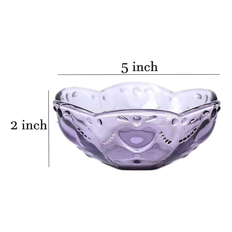 CHOOLD 4pcs Vintage Romantic Glass Sakura Shape Heart Embossed Dessert Bowl - Ice Cream, Trifle, Salad Dish - Purple, 8oz