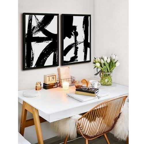 Abstract Minimalist Wall Art, Black and White Canvas Prints, 12x16 Framed Set