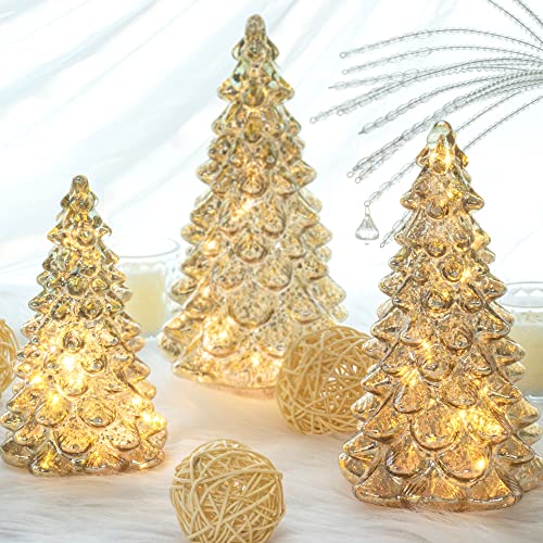 Set of 3 Lighted Mercury Glass Christmas Tree Figurines with Timer - KI Store