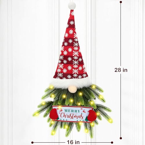 KaKaPops Red Lighted Gnome Christmas Wreath for Front Door, 28 Inch