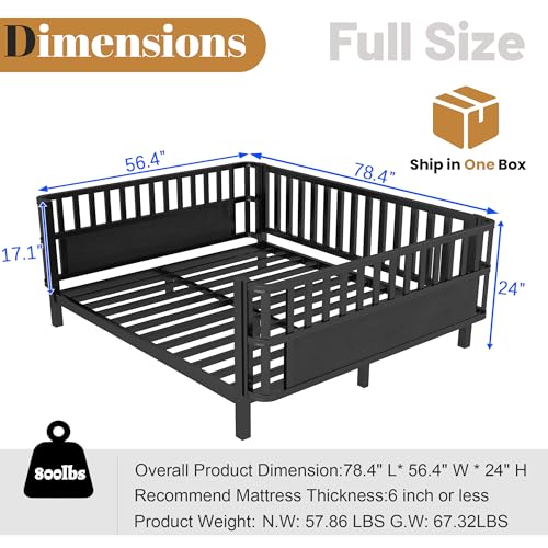 Full Size Montessori Bed Frame with Guardrails, Low Profile Metal & Wood Bed
