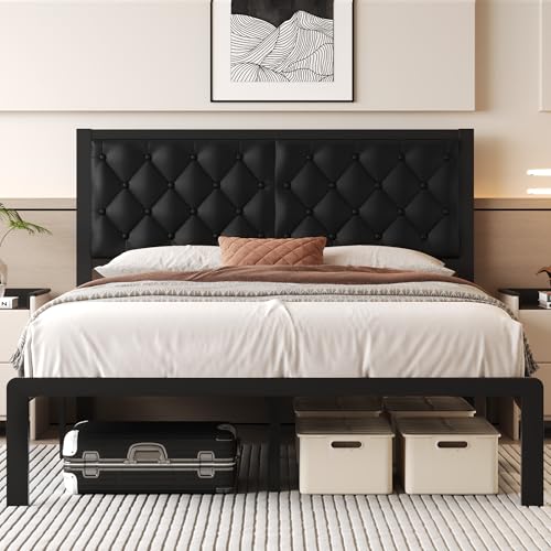 Queen Size Upholstered Platform Bed Frame with Headboard and Storage