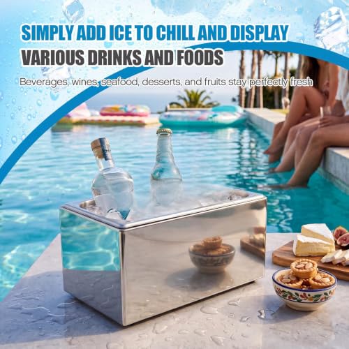 Honeydak Stainless Steel Ice Bin with Removable Tray 13x7x6 Inches for Buffet & Party