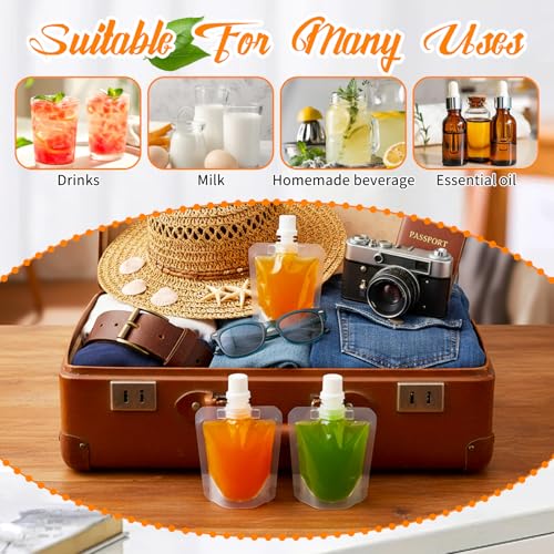 50ml Reusable Plastic Drink Pouches Bulk with Funnels - Leakproof Juice Bags for Travel, Food-Grade, Clear, 100 pcs