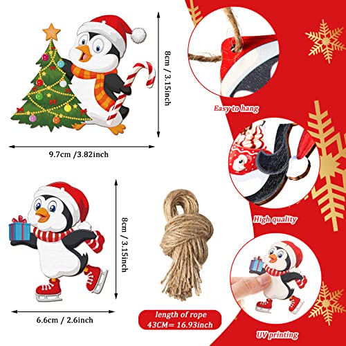 Penguin Christmas Tree Ornaments 48-Pack Wooden Decorations with Rope