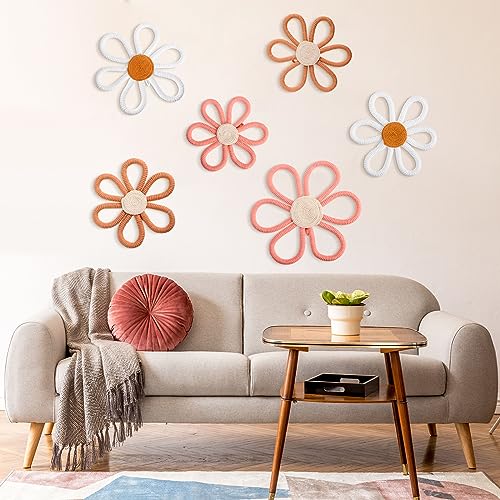 6-Piece Boho Daisy Flower Wall Decor, Woven Macrame Nursery Wall Art