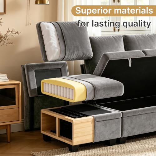 5-Seat Modular Sectional Sleeper Sofa with Pull-Out Bed and Storage, Grey