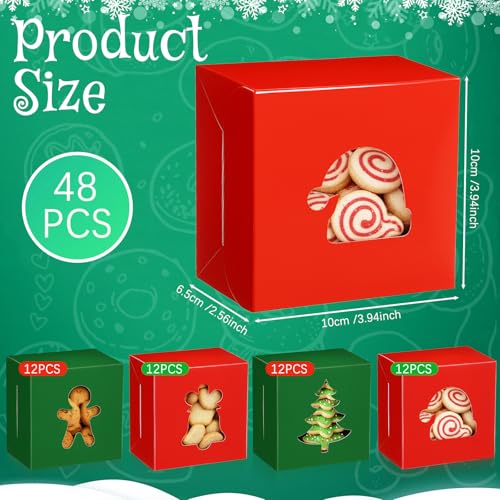 AmazingSpark 48 Pack Christmas Cookie Boxes with Windows - Red & Green Bakery Gift Cases for Holiday Treats