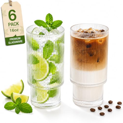 Qipecedm 6 Pack Vintage Ribbed Highball Glasses 16 oz - Elegant Drinking Glassware
