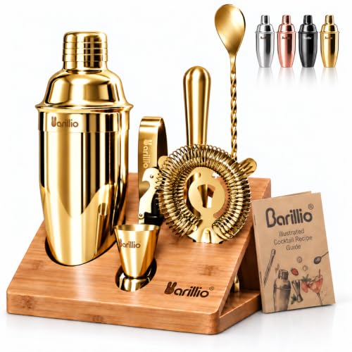 Gold Bartender Kit - 10-Piece Cocktail Shaker Set with Bamboo Stand, Mixology Tools