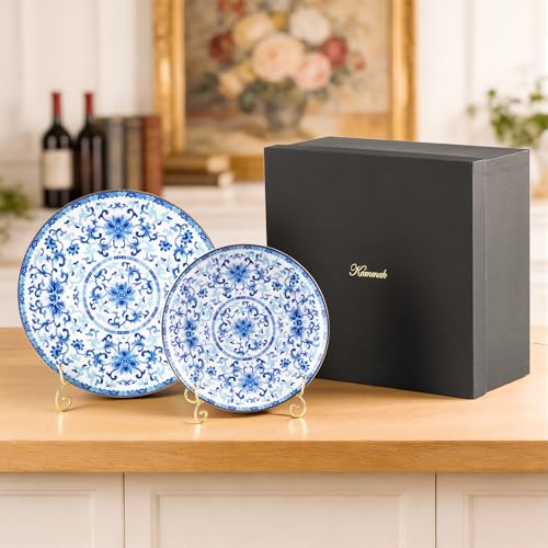 Ceramic Decorative Plate Set with Stand, Blue and White Porcelain, 8in & 10in