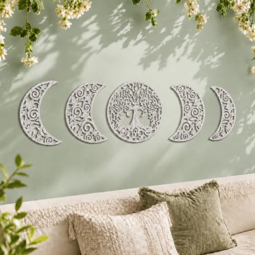 5-Piece Moon Phase Wall Art Set, 3D Hollow Carved Wooden Botanical Decor