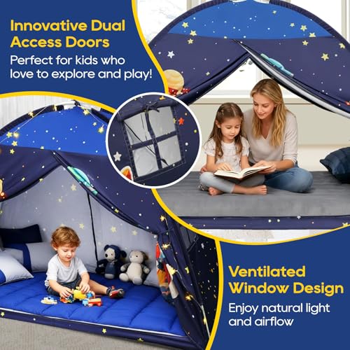 Kids Twin Bed Tent Canopy with Star Lights - Indoor Blackout Privacy Playhouse