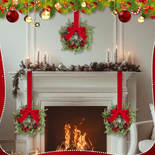 Dingion 18 Pcs Mini Christmas Wreath Set for Kitchen Cabinets - Pine Berries Snowy Decor