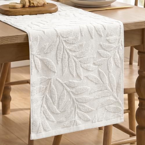 White Cotton 3D Leaves Table Runner 13x72 Inch Holiday Kitchen Decor