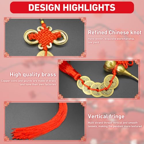 Feng Shui Five Emperors Coins Hanging Ornament with Chinese Knot and Tassel