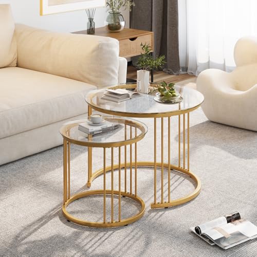 Round Nesting Coffee Table Set of 2, Gold Metal Frame with Glass Top