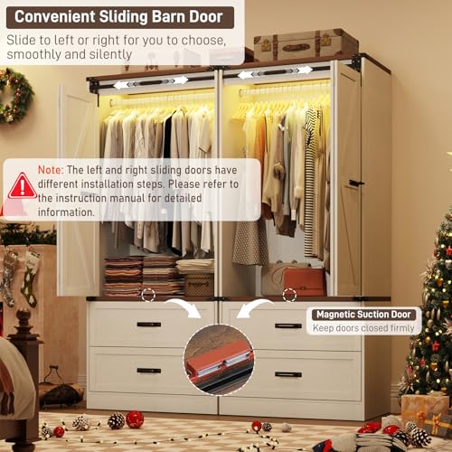 Farmhouse Armoire Wardrobe with Sliding Barn Doors, LED Lights & Drawers