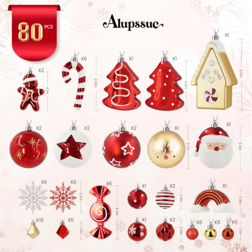 Christmas Ornament Set 80pcs Red White Gold Decorations with Variation of Red & Gold & White