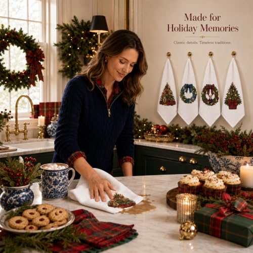 CrystalSylara Christmas Dish Towels Set of 4 - Classic Holiday Kitchen Decor