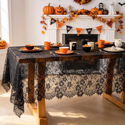QueenDream Black Lace Tablecloth 10FT Rectangle Wedding Overlay 2 Pack - Floral Vintage Fabric for Events & Halloween