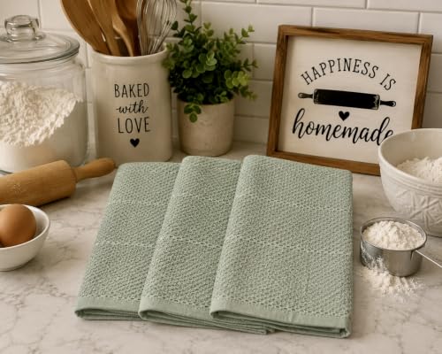 Sage Green Kitchen Dish Towels, 18" x 28" 100% Cotton Terry Set of 3