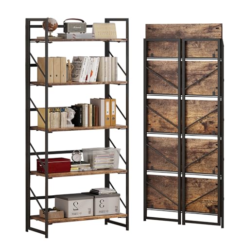 5-Tier Foldable Bookshelf, Industrial Metal and Wood Storage Shelf