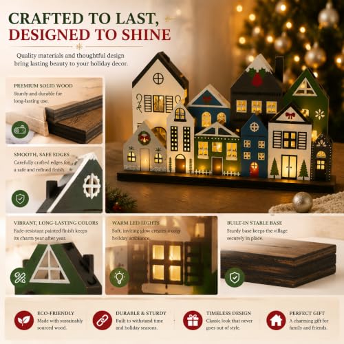 Lighted Wooden Christmas Village Houses - Rustic Tabletop Holiday Centerpiece