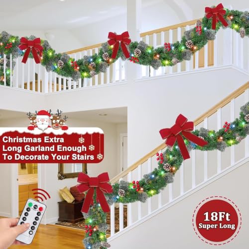 Camlinbo 18 Ft Prelit Snowy Pine Garland with Remote, 100 Warm White & Multicolor LEDs, 8 Modes, Timer, 352 Tips