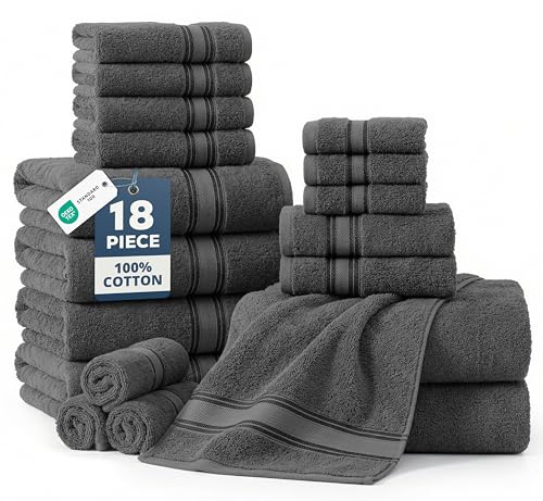 Lane Linen 18-Piece 100% Cotton Bath Towel Set - Grey