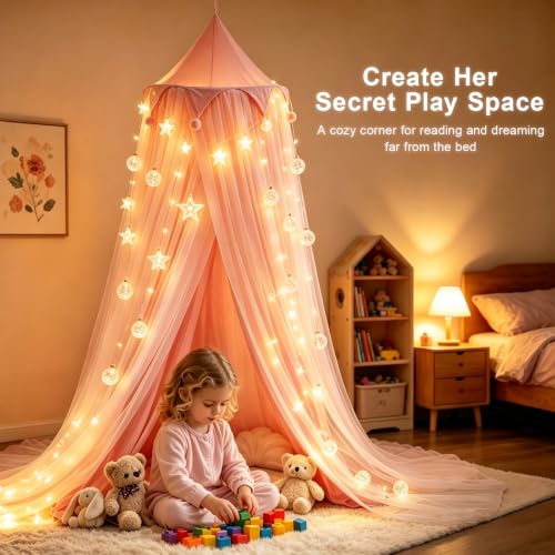 Princess Bed Canopy with Star Lights - Breathable Double Layer Drape for Girls