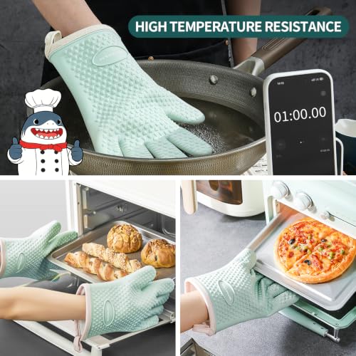 Silicone Oven Mitts with Fingers, Heat Resistant 450°F Waterproof Gloves
