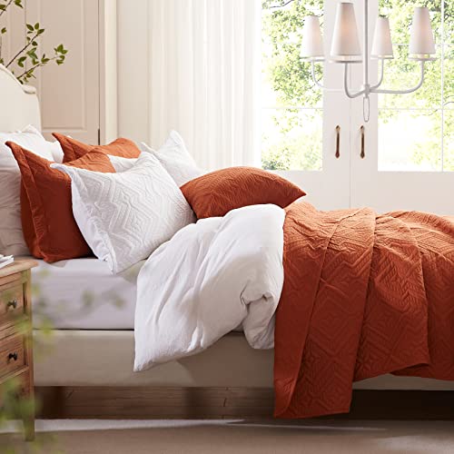 Lightweight Burnt Orange Queen Quilt Set - 3 Pieces, Soft Microfiber Bedspread, 90''x98''