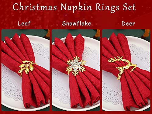 Patelai 6Pcs Christmas Napkin Rings Set Elk Leaf Snowflake Gold - 2 Each Style