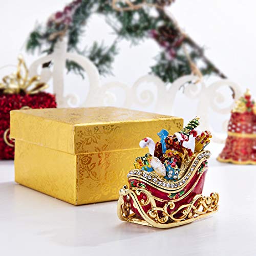 YU FENG Christmas Sleigh Trinket Box with Hinged Enamel & Crystals, 3.5 inch Holiday Decor