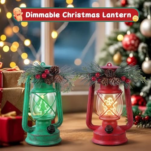 GlexpFesti 2-Pack Christmas Decorative Lanterns with Dimmable Light Wick - Red & Green