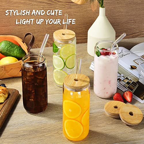 20 oz Glass Can Cups with Bamboo Lids and Glass Straws - 6 Piece Set