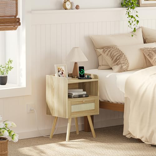 Rattan Nightstands with Charging Station, Set of 2, Boho Bedside Tables