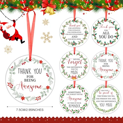 Barydat 12 Pcs Christmas Thank You Ornaments Ceramic – 6 Styles, 2 Each, Coworker Gift
