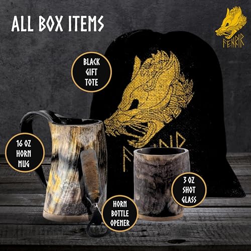 Handmade Viking Drinking Horn Mug Set - 16 oz Ox Horn Cup with Shot Glass