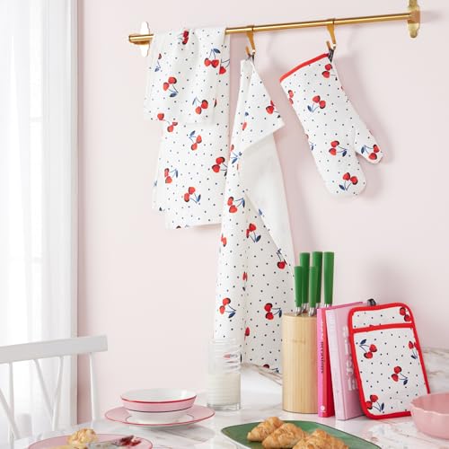 Cherry Dot Kitchen Towel, Oven Mitt & Pot Holder 4-Piece Set - 100% Cotton