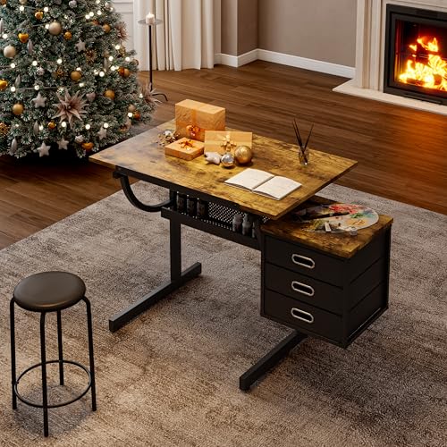 Adjustable Drafting Table and Stool Set with 3 Drawers, Black