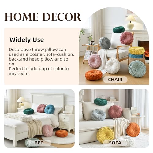 Pleated Round Velvet Throw Pillow, 15-Inch Decorative Boho Cushion for Sofa