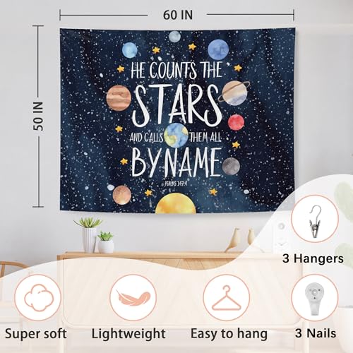 Space Solar System Christian Tapestry Wall Hanging, Flannel Decor, 50x60 Inch