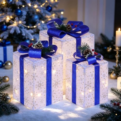 DomKom Blue Rectangular Lighted Gift Boxes Set of 3 Christmas Decorations