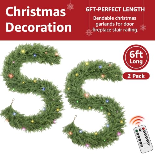 Pre-lit Cedar Christmas Garland 6ft 2-Pack for Mantle, Indoor/Outdoor