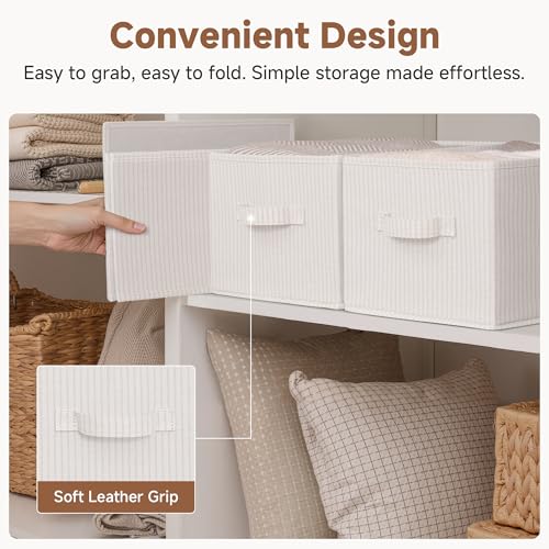 Foldable Fabric Shelf Storage Bins Beige Stripes 3-Pack Large Closet Baskets