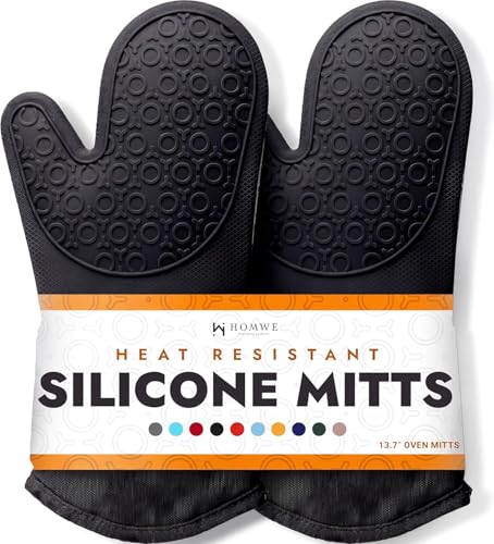Extra Long Silicone Oven Mitts - 500°F Heat Resistant, 13.7" Black